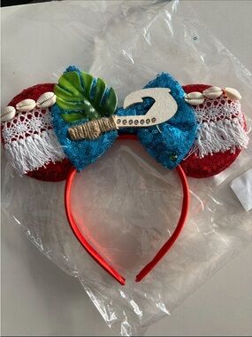 Moana Inspired Red Sequin Headband with Blue Bow and Tropical Leaf Accent